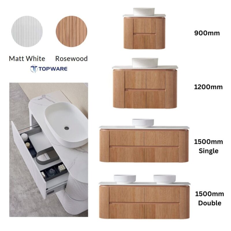 Hudson 900/ 1200/ 1500mm Fluted Rosewood Curved Vanity with Side drawers