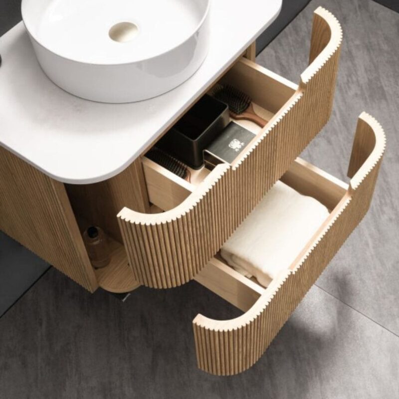 Oakmere 750mm Golden Oak Wall Hung Fluted Vanity with side drawers