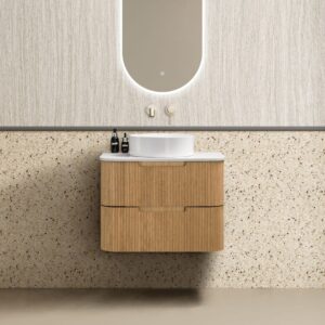 Oakmere 750mm Golden Oak Wall Hung Fluted Vanity with side drawers