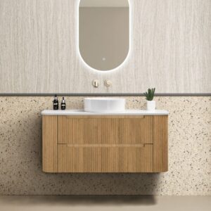 Oakmere 1200mm Golden Oak Wall Hung Fluted Vanity with side drawers