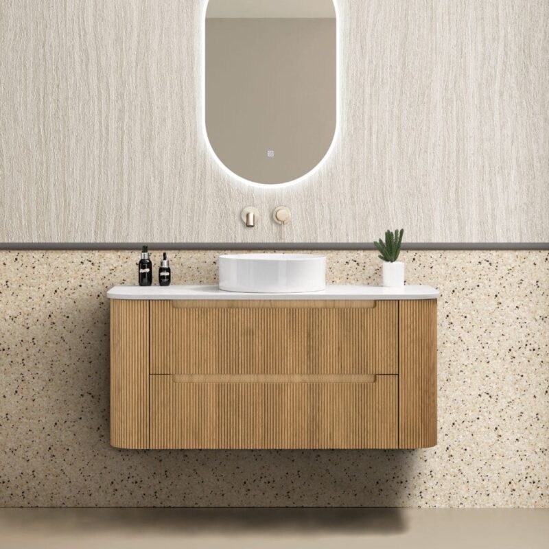Oakmere 1200mm Golden Oak Wall Hung Fluted Vanity with side drawers