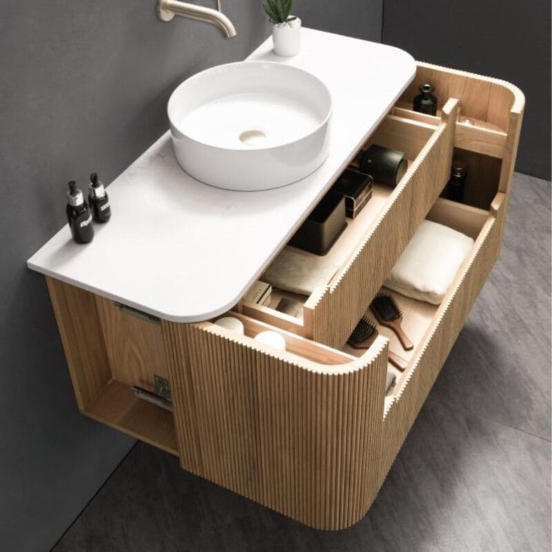 Oakmere 1200mm Golden Oak Wall Hung Fluted Vanity with side drawers