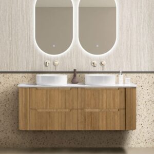 Oakmere 1500mm Golden Oak Double Wall Hung Fluted Vanity with side drawers
