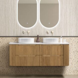 Oakmere 1500mm Golden Oak Double Wall Hung Fluted Vanity with side drawers