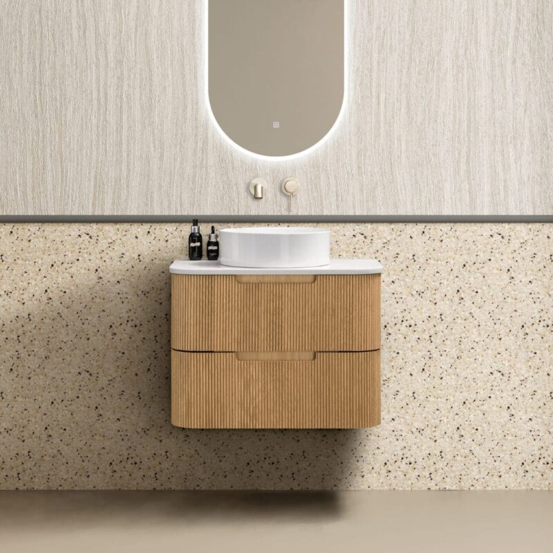 Oakmere 750mm Golden Oak Wall Hung Fluted Vanity with side drawers